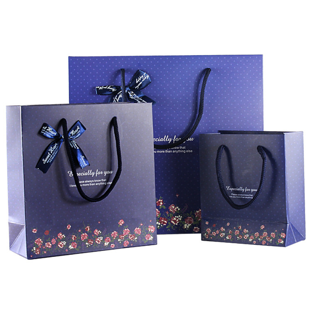 Flower Dark Blue Tote Bag with Cotton Rope