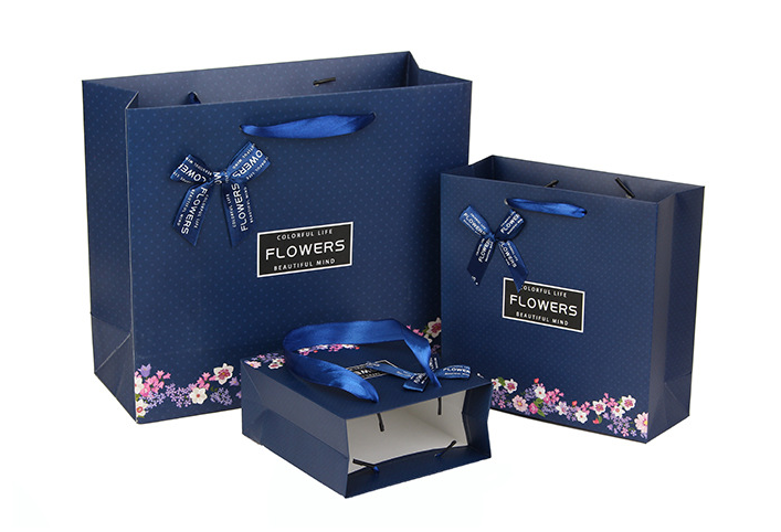 Flower Dark Blue Tote Bag with Cotton Rope