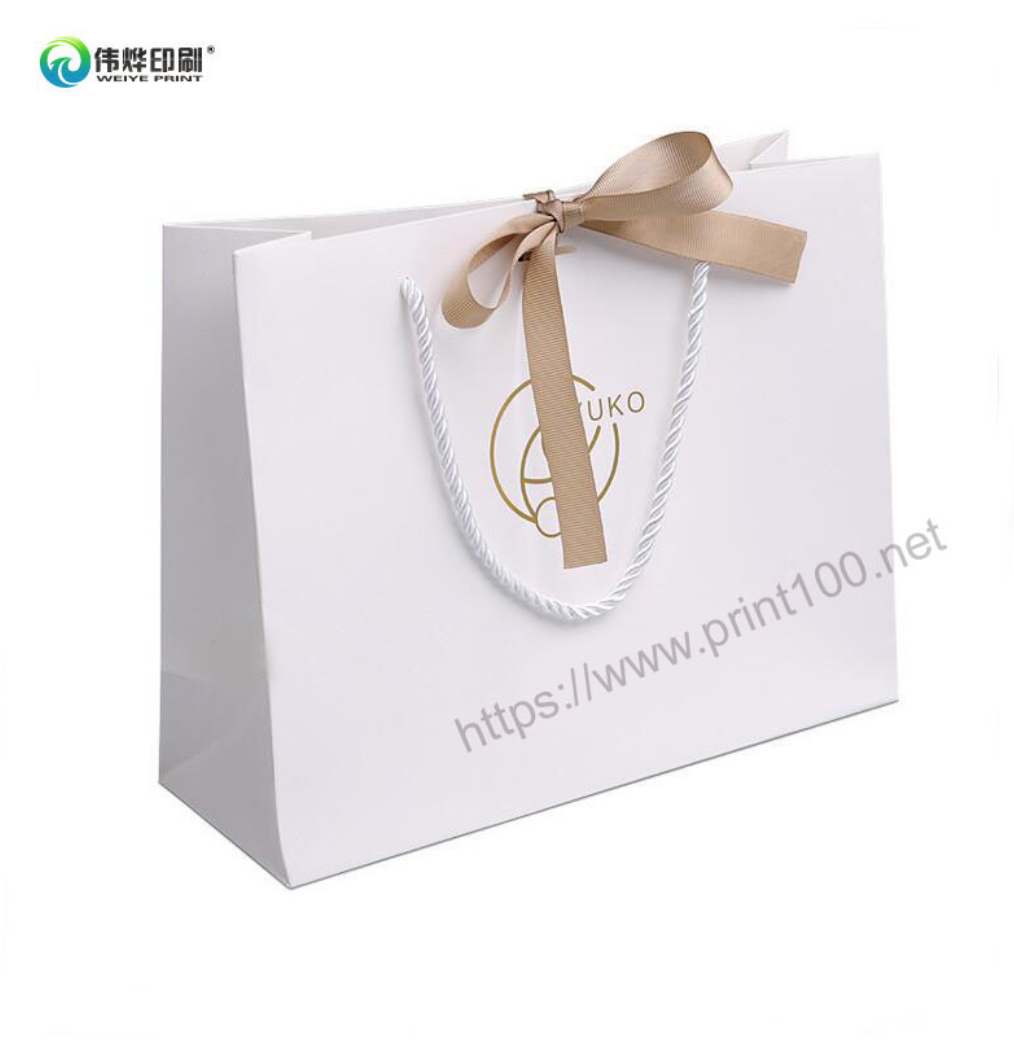 White Gold Foil Art Paper Gift Bag with Ribbon Bow