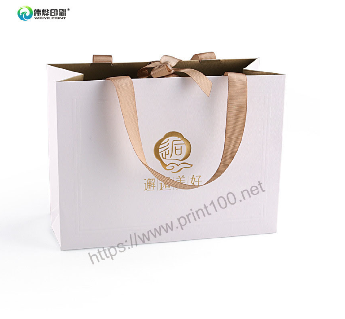 White Gold Foil Art Paper Gift Bag with Ribbon Bow
