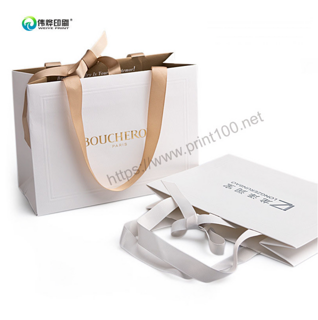 White Gold Foil Art Paper Gift Bag with Ribbon Bow