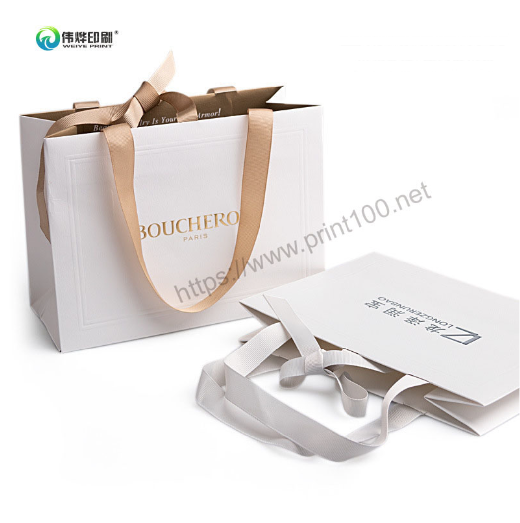 White Gold Foil Art Paper Gift Bag with Ribbon Bow