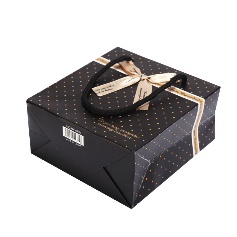 Gold Dot Black Background Art Paper Gift Bag with Ribbon Bow