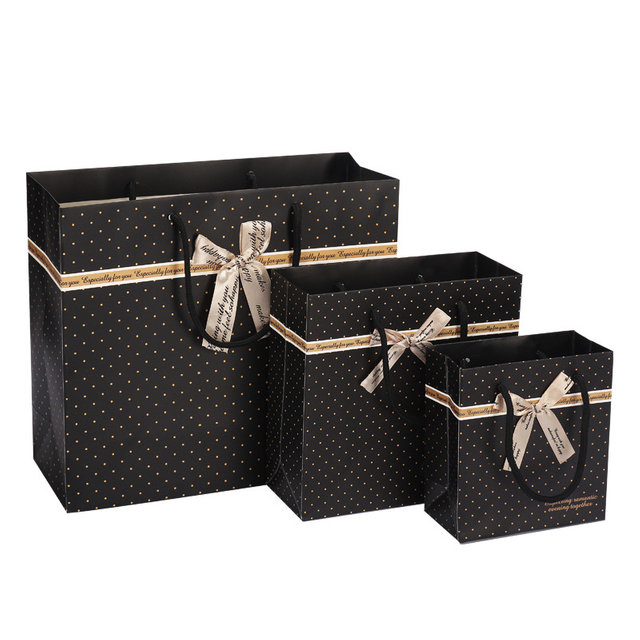 Gold Dot Black Background Art Paper Gift Bag with Ribbon Bow