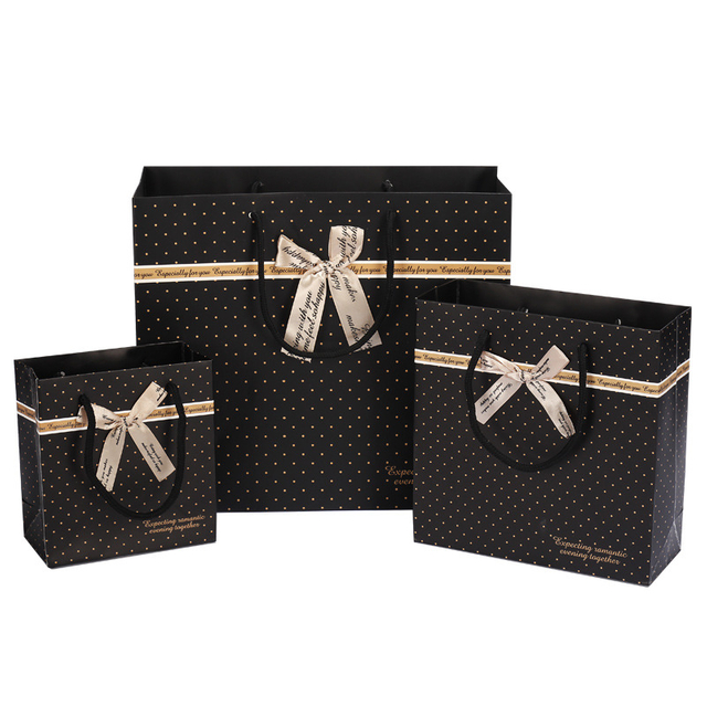 Gold Dot Black Background Art Paper Gift Bag with Ribbon Bow