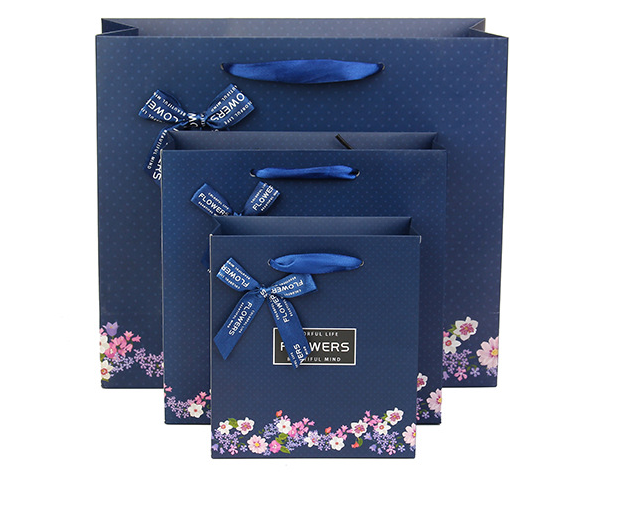 Flower Dark Blue Tote Bag with Cotton Rope