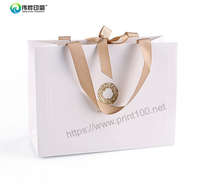 White Gold Foil Art Paper Gift Bag with Ribbon Bow